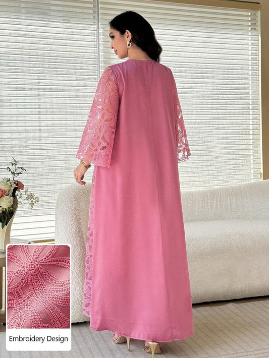 SHEIN Al Najma فستان عربي وردي بأكمام 3/4 بتطريز ثلاثي الأبعاد