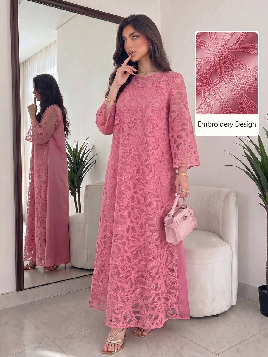 SHEIN Al Najma فستان عربي وردي بأكمام 3/4 بتطريز ثلاثي الأبعاد