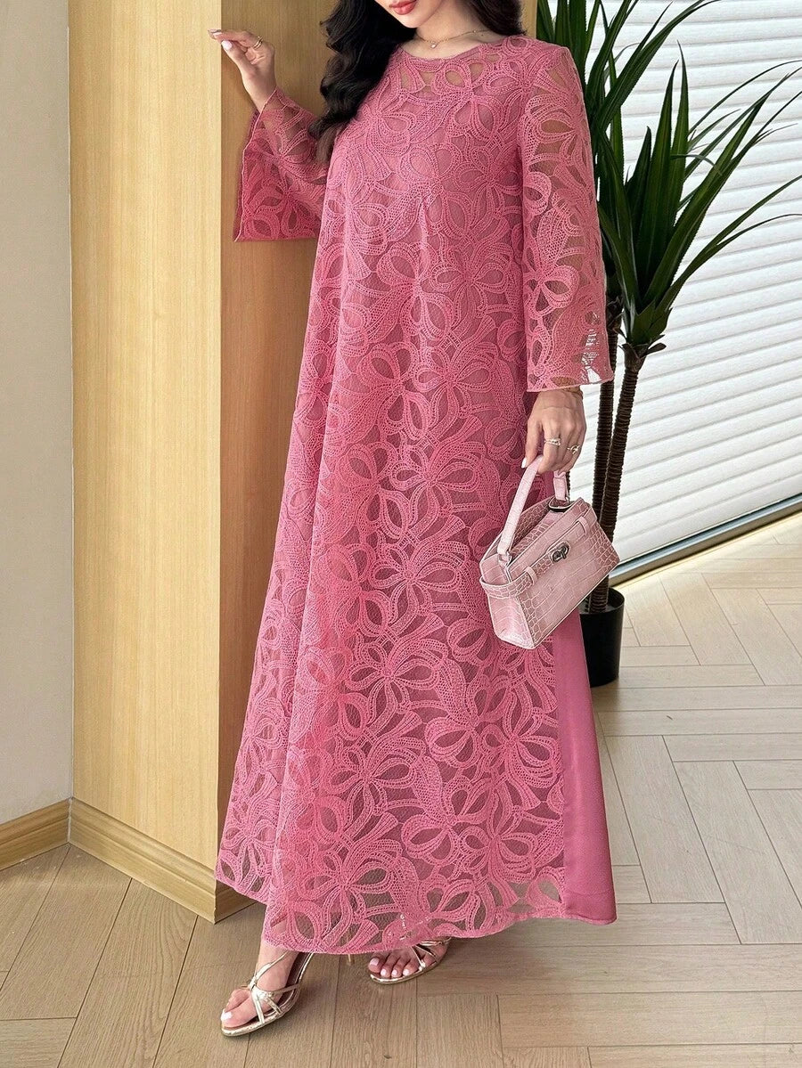 SHEIN Al Najma فستان عربي وردي بأكمام 3/4 بتطريز ثلاثي الأبعاد
