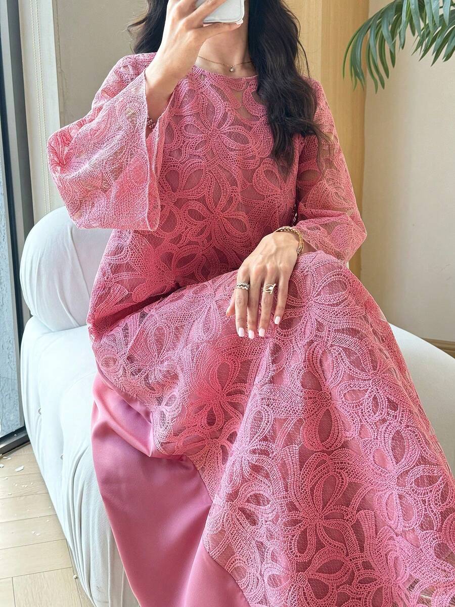 SHEIN Al Najma فستان عربي وردي بأكمام 3/4 بتطريز ثلاثي الأبعاد