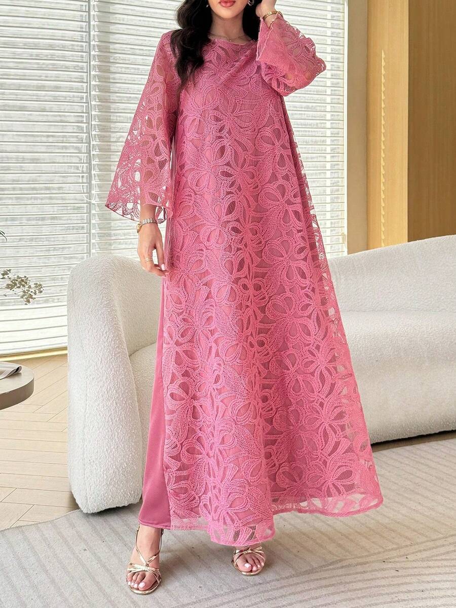 SHEIN Al Najma فستان عربي وردي بأكمام 3/4 بتطريز ثلاثي الأبعاد