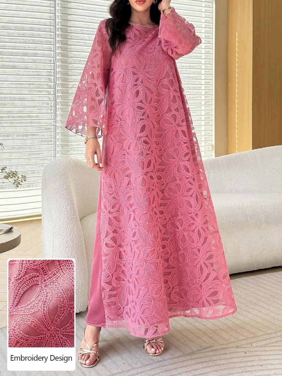 SHEIN Al Najma فستان عربي وردي بأكمام 3/4 بتطريز ثلاثي الأبعاد