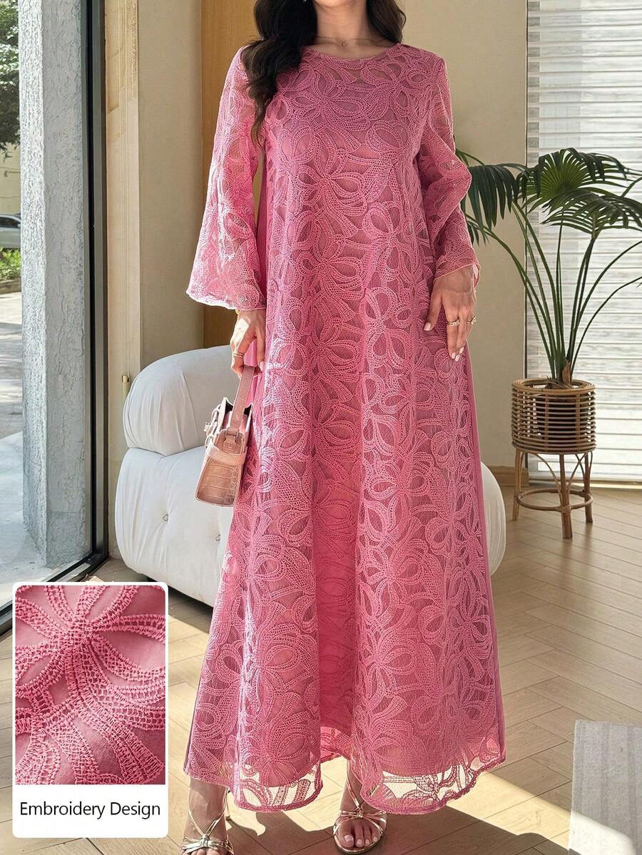 SHEIN Al Najma فستان عربي وردي بأكمام 3/4 بتطريز ثلاثي الأبعاد