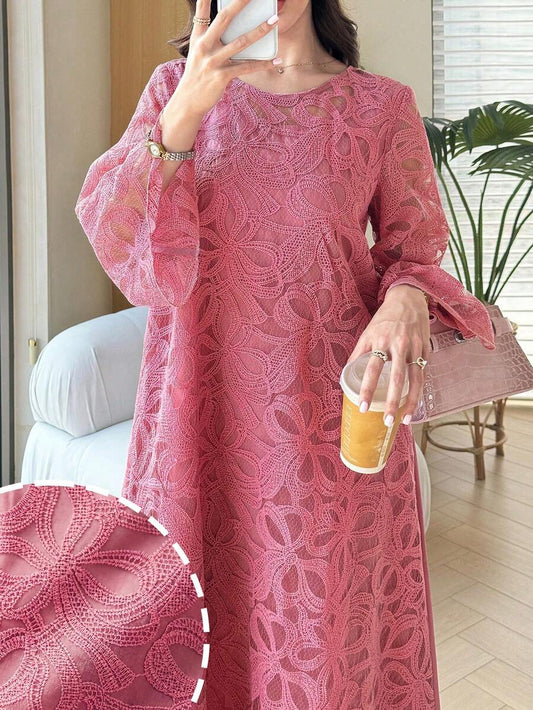 SHEIN Al Najma فستان عربي وردي بأكمام 3/4 بتطريز ثلاثي الأبعاد