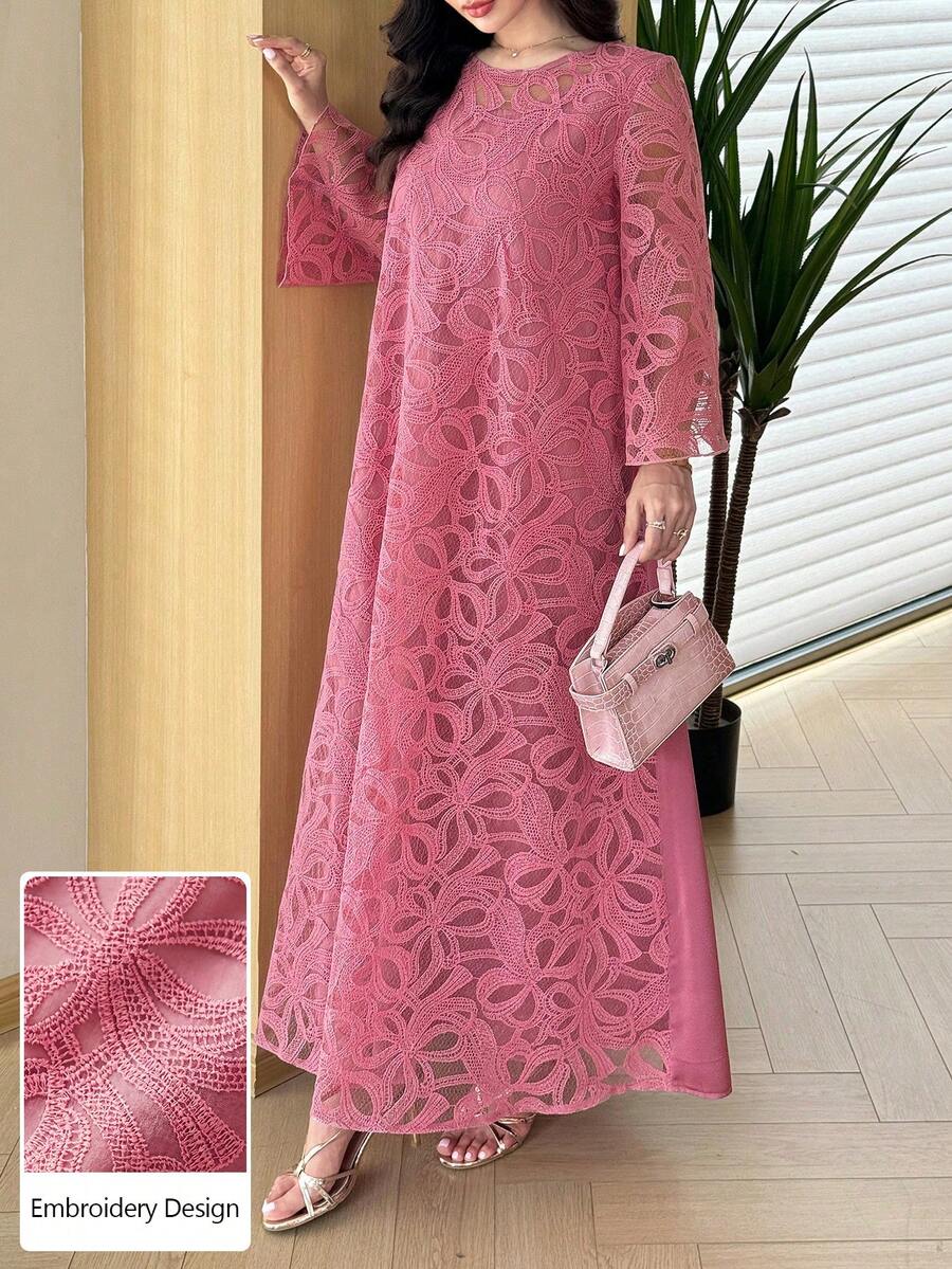 SHEIN Al Najma فستان عربي وردي بأكمام 3/4 بتطريز ثلاثي الأبعاد