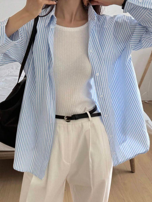 SHEIN DAZY قميص نسائي مخطط طويل الأكمام بتصميم بسيط وأنيق