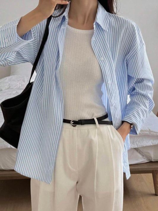 SHEIN DAZY قميص نسائي مخطط طويل الأكمام بتصميم بسيط وأنيق