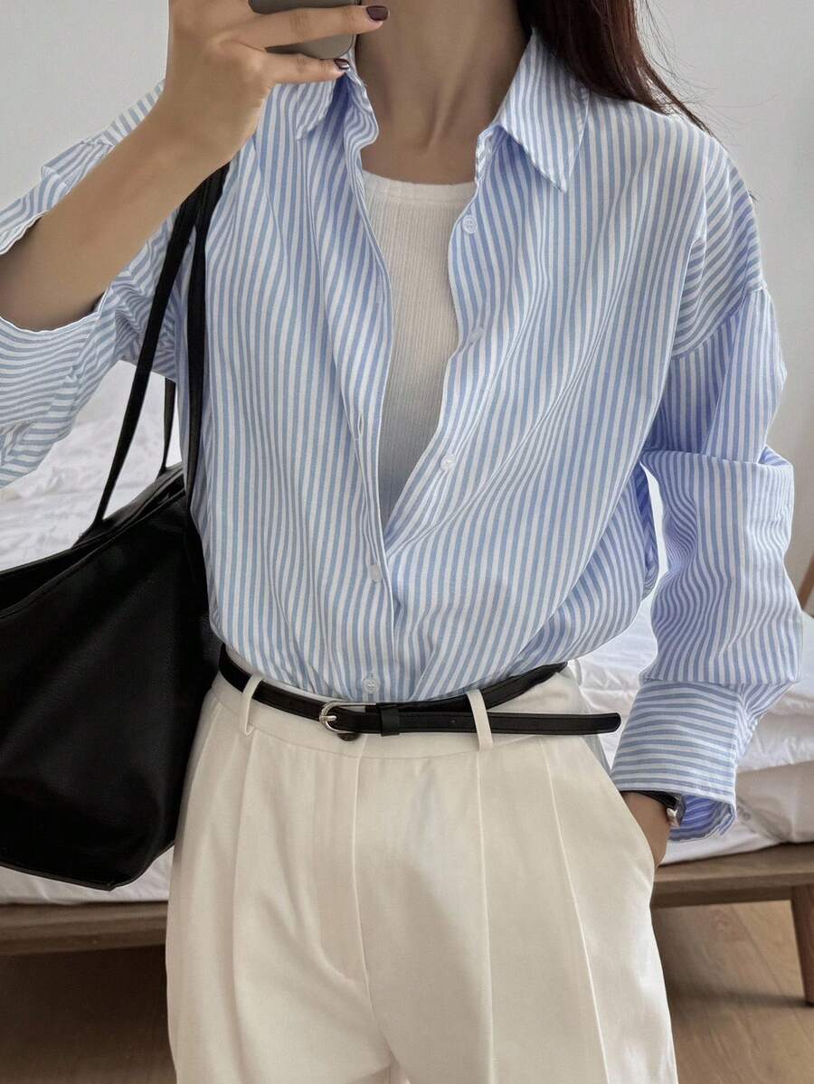 SHEIN DAZY قميص نسائي مخطط طويل الأكمام بتصميم بسيط وأنيق