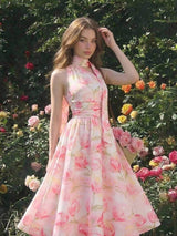 SHEIN MOD فستان وردي بطبعة زهور وكسرات وخصر مشدود