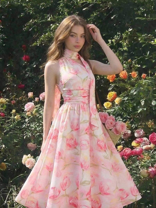 SHEIN MOD فستان وردي بطبعة زهور وكسرات وخصر مشدود