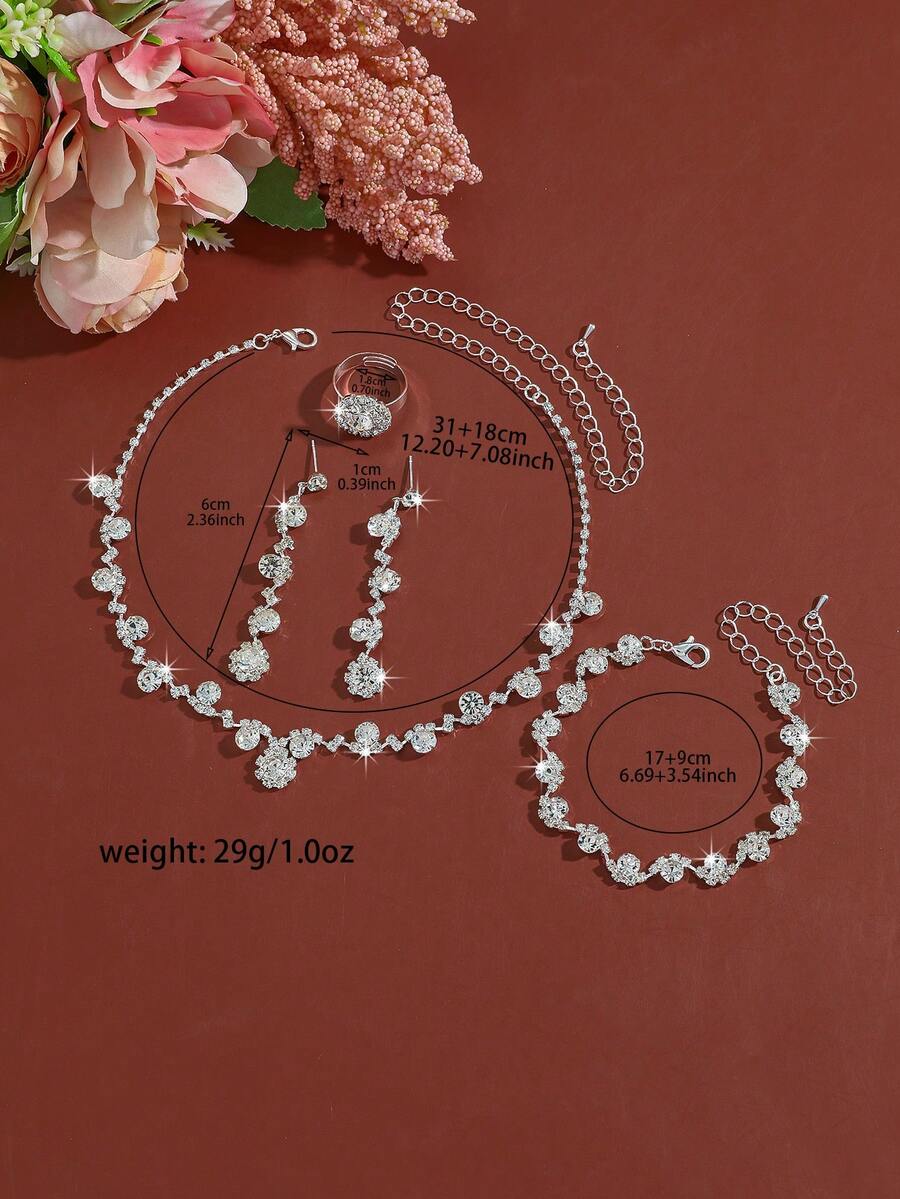 SHEIN طقم مجوهرات 4 قطع قلادة وأقراط وسوار وخاتم مرصعة بالراينستون