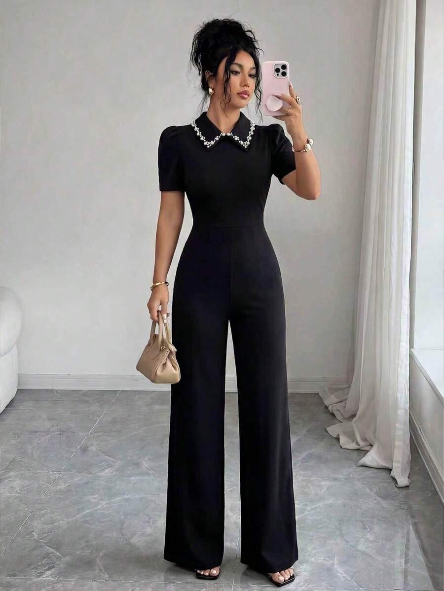 SHEIN Elenzya جمبسوت أسود بياقة لؤلؤ وأكمام منتفخة بخصر محدد وقصة نحيفة