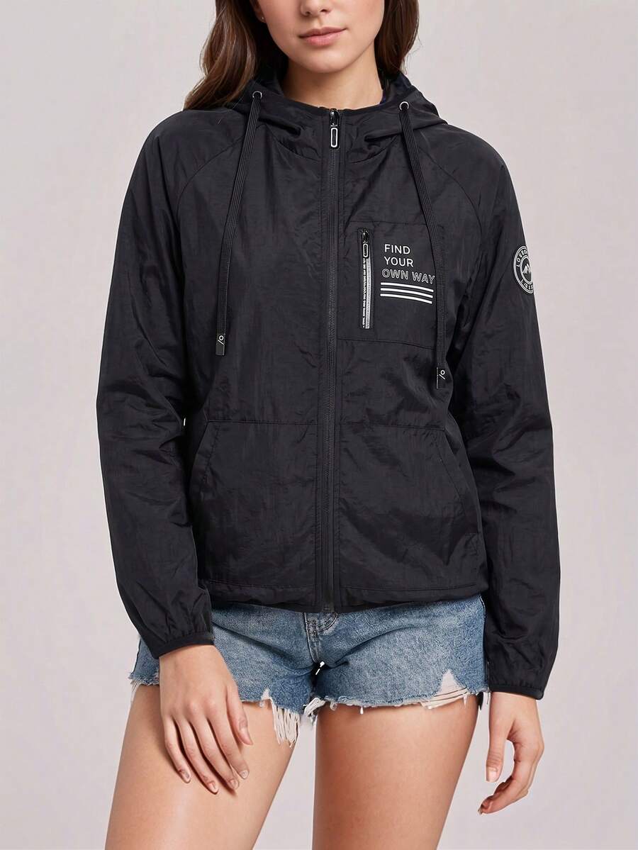 SHEIN جاكيت نسائي أسود بغطاء رأس وسحاب وجيوب وأكمام راجلان