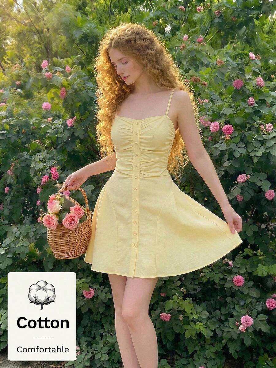 SHEIN MOD فستان كاميسول قصير قطني بأزرار باللون الأصفر الفاتح