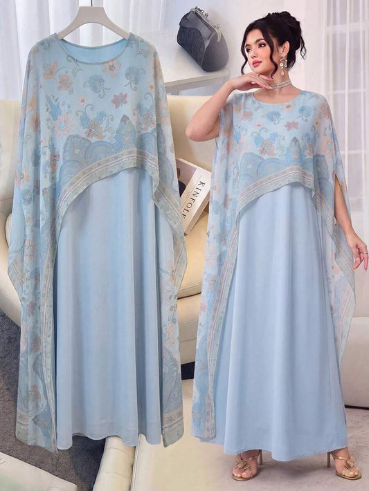 SHEIN Najma فستان تونيك أزرق من الشيفون مطبوع بطراز عربي وتركي
