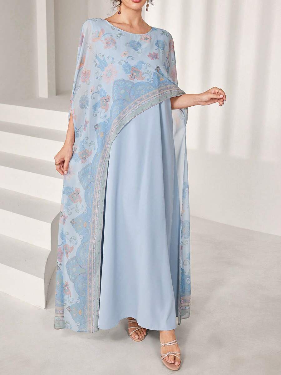 SHEIN Najma فستان تونيك أزرق من الشيفون مطبوع بطراز عربي وتركي