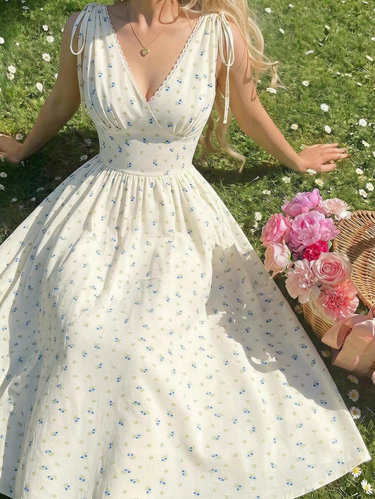 SHEIN MOD فستان بربطة عنق وزخارف زهرية صغيرة