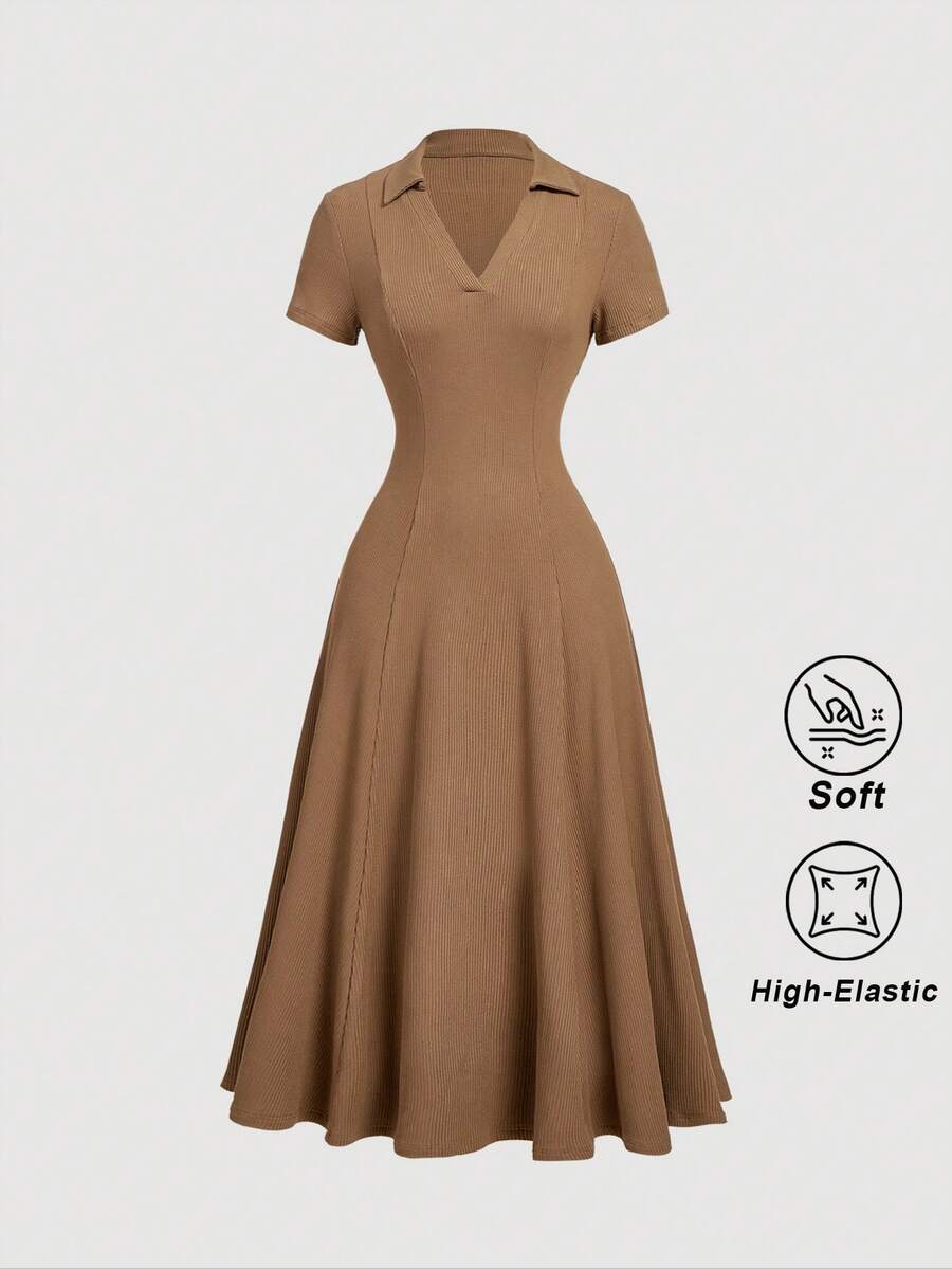 SHEIN MOD فستان محبوك بلون كاكي بياقة مكشكشة ستايل بريبي