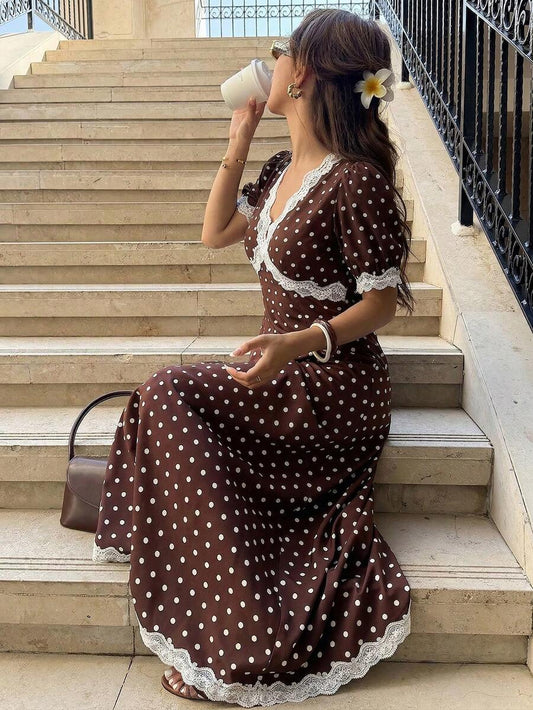 SHEIN Pariaura فستان ساتان بني بطبعة نقاط بولكا بخصر مشدود