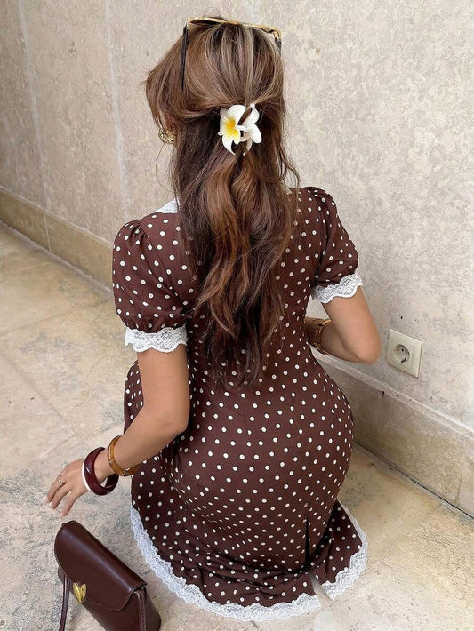 SHEIN Pariaura فستان ساتان بني بطبعة نقاط بولكا بخصر مشدود