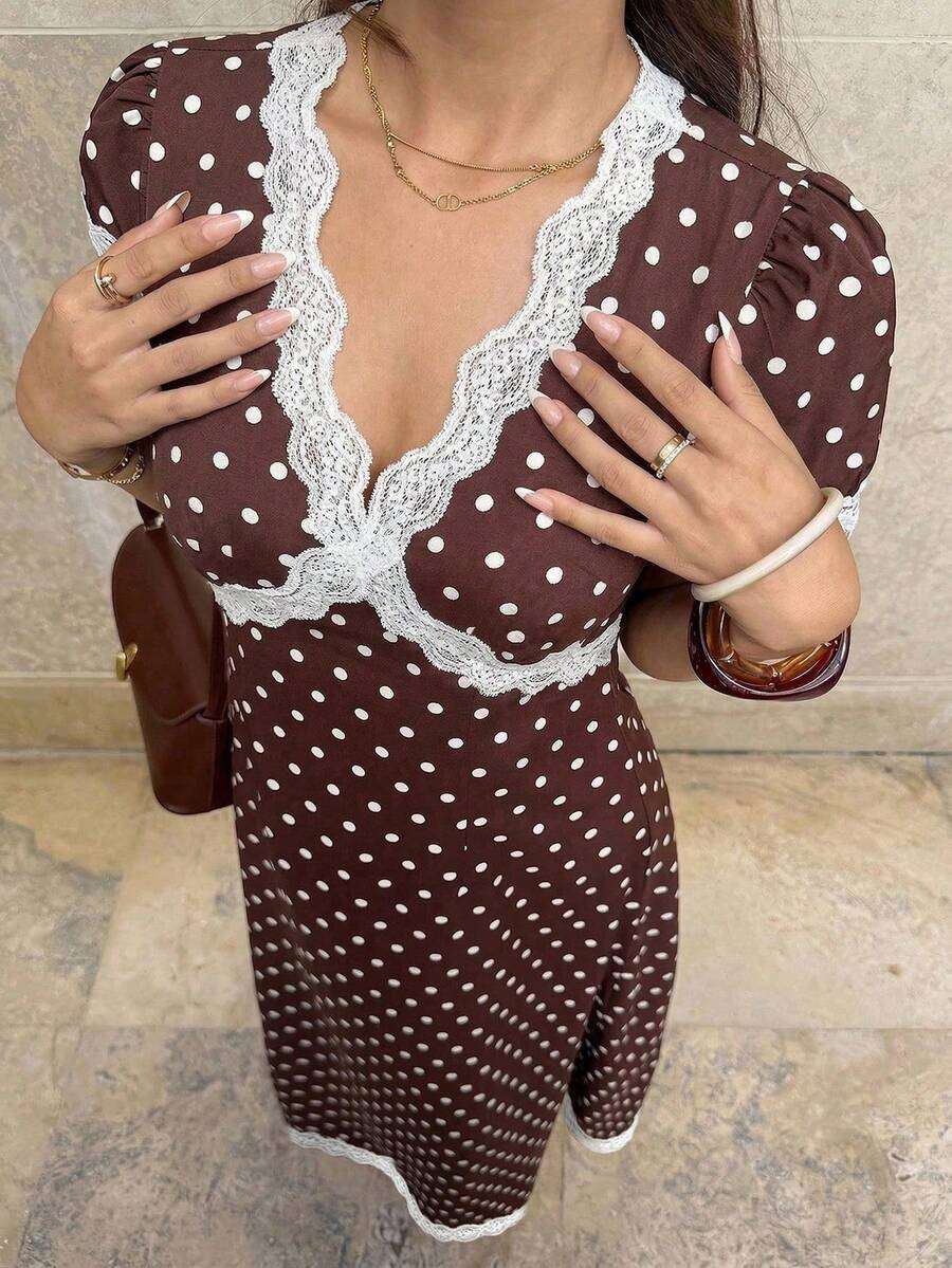 SHEIN Pariaura فستان ساتان بني بنقاط بولكا وخصر مشدود