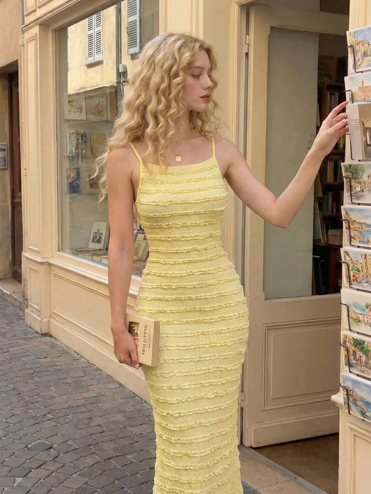 SHEIN MOD فستان أصفر سادة بحمالات رفيعة