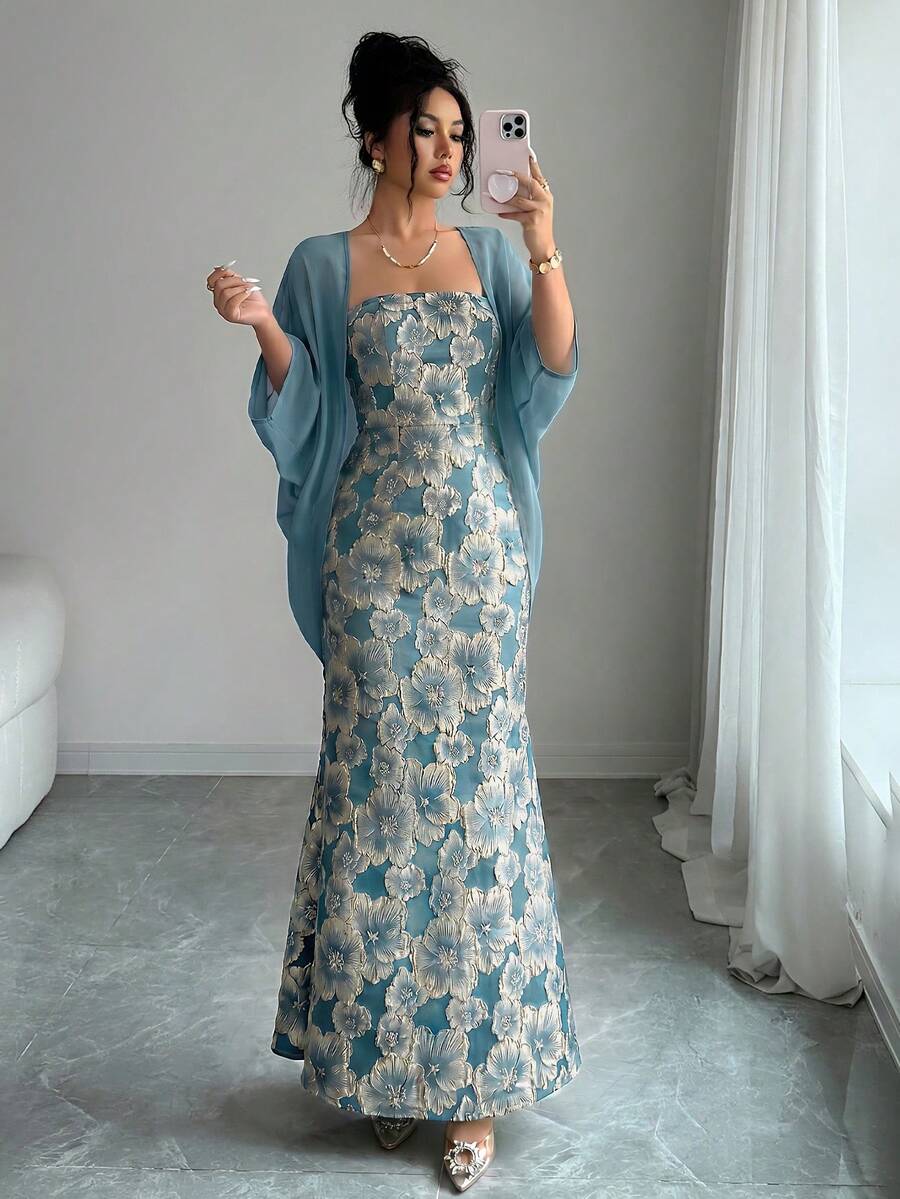 SHEIN Elenzga طقم نسائي من قطعتين فستان حورية البحر وجاكيت شيفون