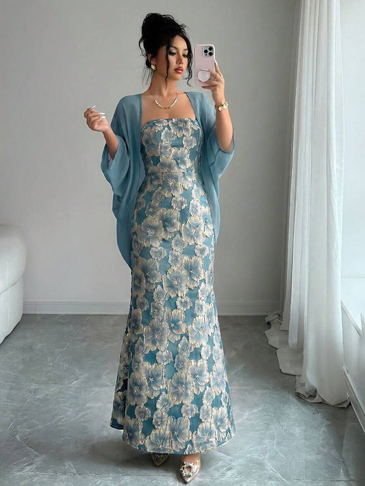 SHEIN Elenzga طقم نسائي من قطعتين فستان حورية البحر وجاكيت شيفون
