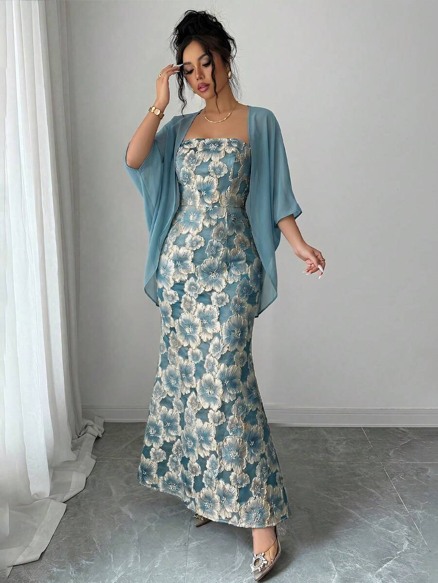 SHEIN Elenzga طقم نسائي من قطعتين فستان حورية البحر وجاكيت شيفون