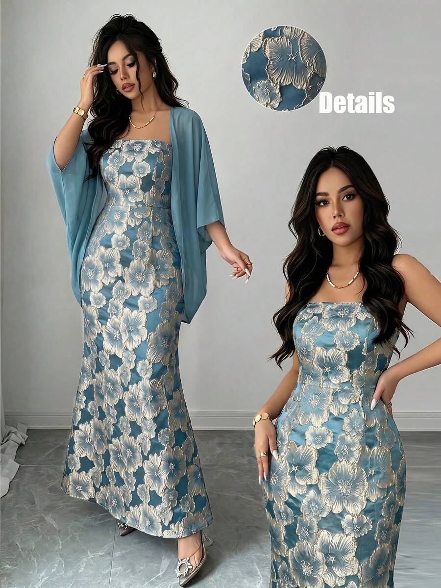 SHEIN Elenzga طقم نسائي من قطعتين فستان حورية البحر وجاكيت شيفون