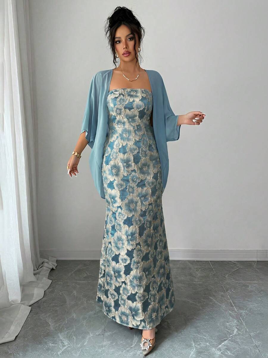 SHEIN Elenzga طقم نسائي من قطعتين فستان حورية البحر وجاكيت شيفون