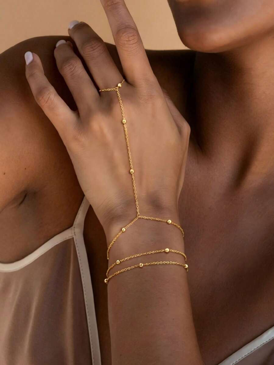 SHEIN سوار إصبع متصل ستانلس ستيل بسلسلة خرز