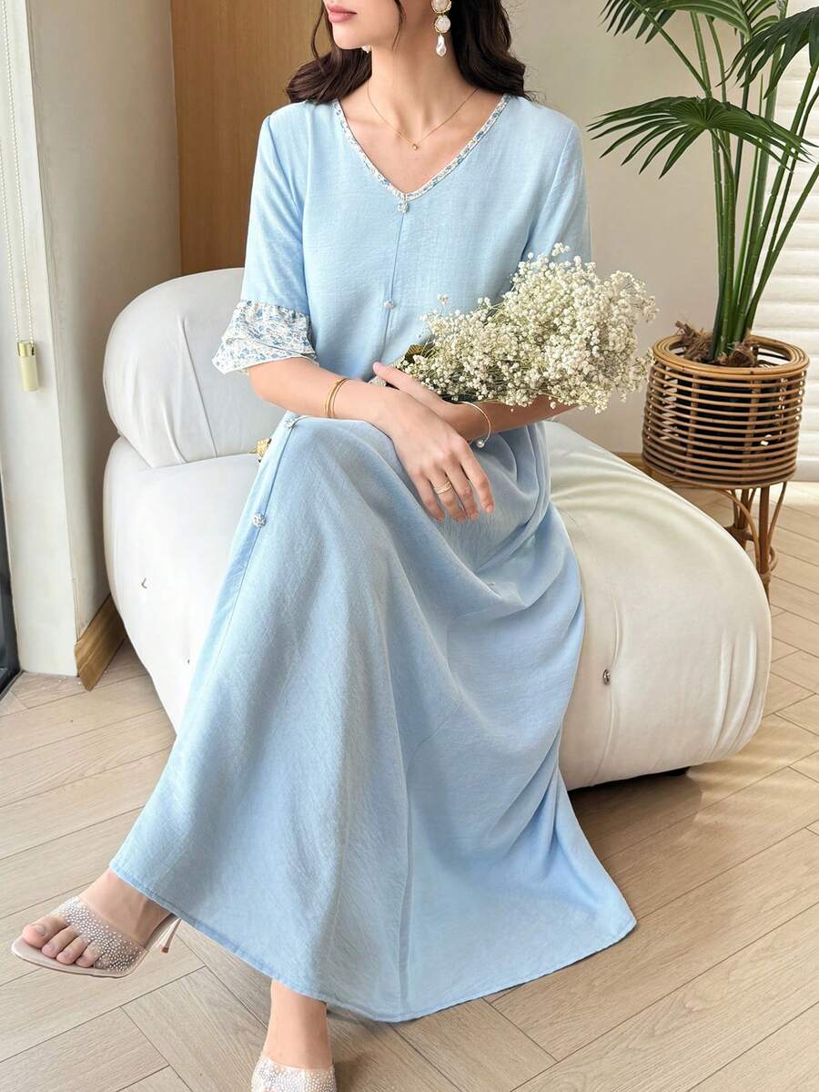 SHEIN Yasmyna فستان أزرق برقع زهرية