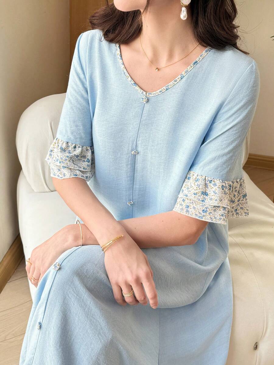 SHEIN Yasmyna فستان أزرق برقع زهرية