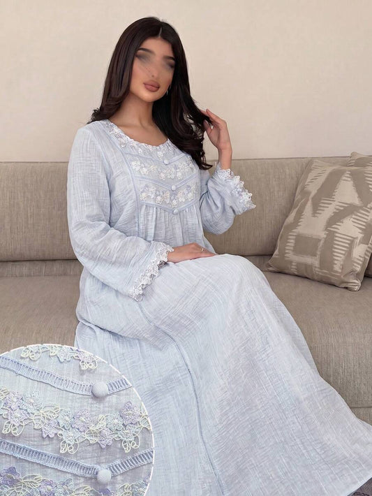 SHEIN Al Najma فستان عربي أزرق كاجوال بحواف دانتيل وكسرات