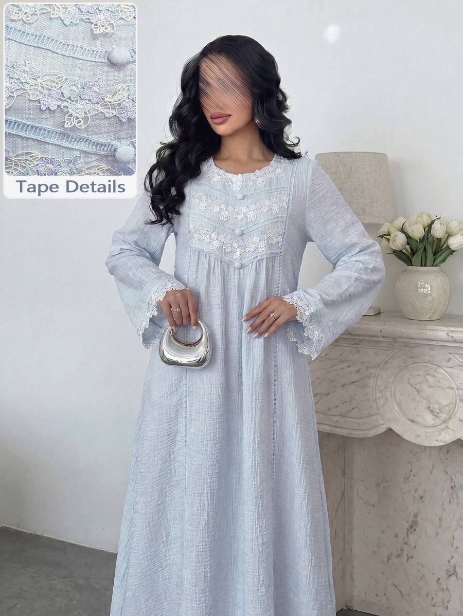 SHEIN Al Najma فستان عربي أزرق كاجوال بحواف دانتيل وكسرات