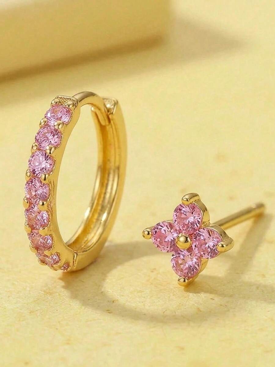 SHEIN طقم أقراط 5 قطع ستانلس ستيل مطلي ذهب 14 قيراط بزركونيا وردية