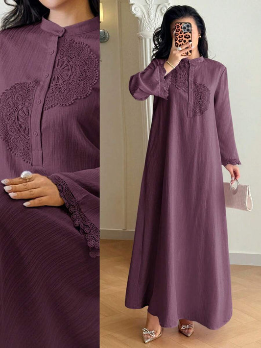 SHEIN Yasmyna فستان عربي بأكمام طويلة ودانتيل متباين بلون أرجواني