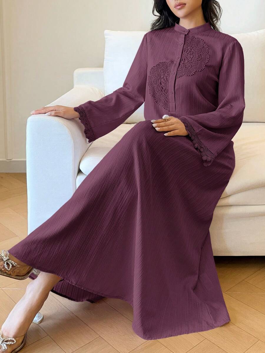SHEIN Yasmyna فستان عربي بأكمام طويلة ودانتيل متباين بلون أرجواني