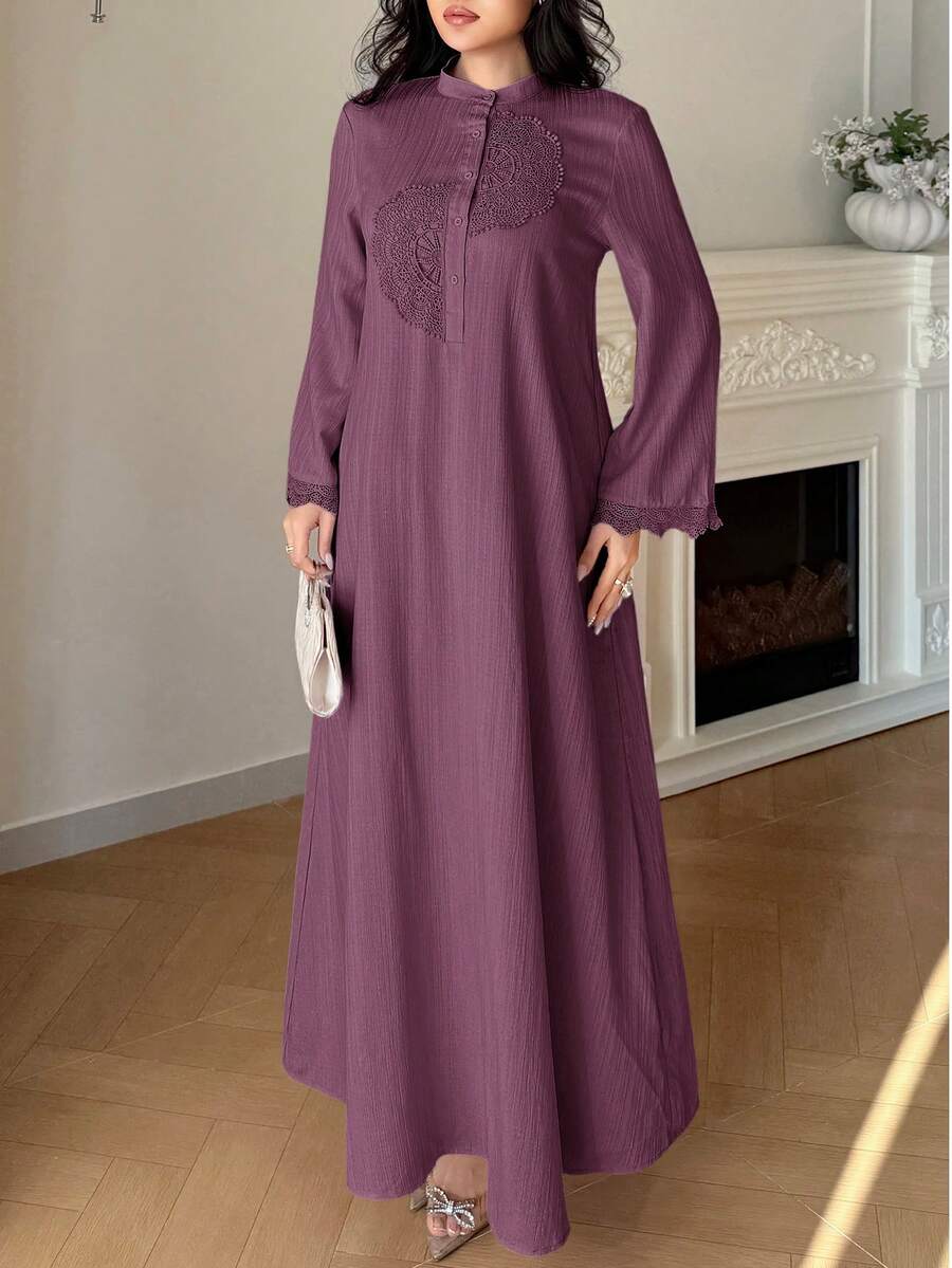 SHEIN Yasmyna فستان عربي بأكمام طويلة ودانتيل متباين بلون أرجواني