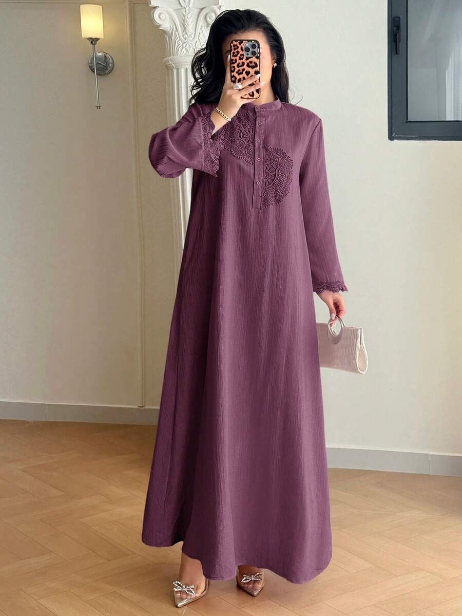 SHEIN Yasmyna فستان عربي بأكمام طويلة ودانتيل متباين بلون أرجواني