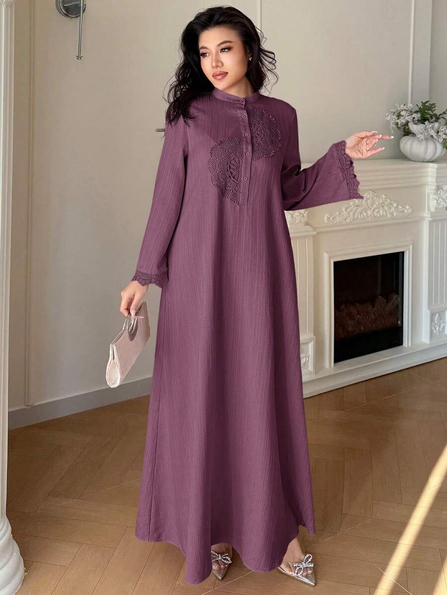 SHEIN Yasmyna فستان عربي بأكمام طويلة ودانتيل متباين بلون أرجواني