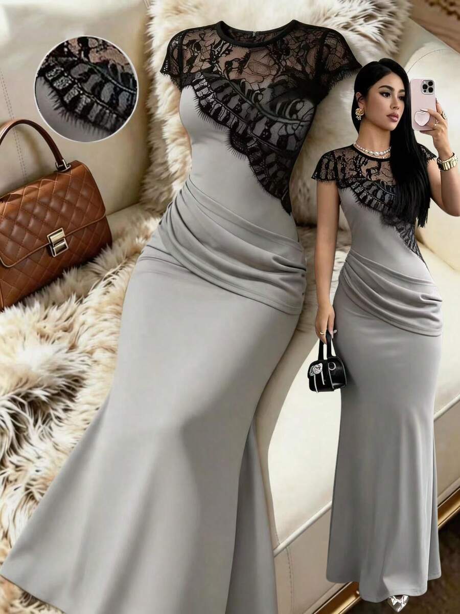SHEIN Elenzga فستان رمادي طويل ضيق بقصة حورية البحر وتفاصيل دانتيل