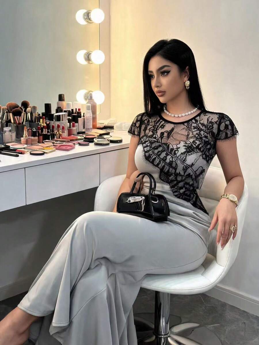 SHEIN Elenzga فستان رمادي طويل ضيق بقصة حورية البحر وتفاصيل دانتيل