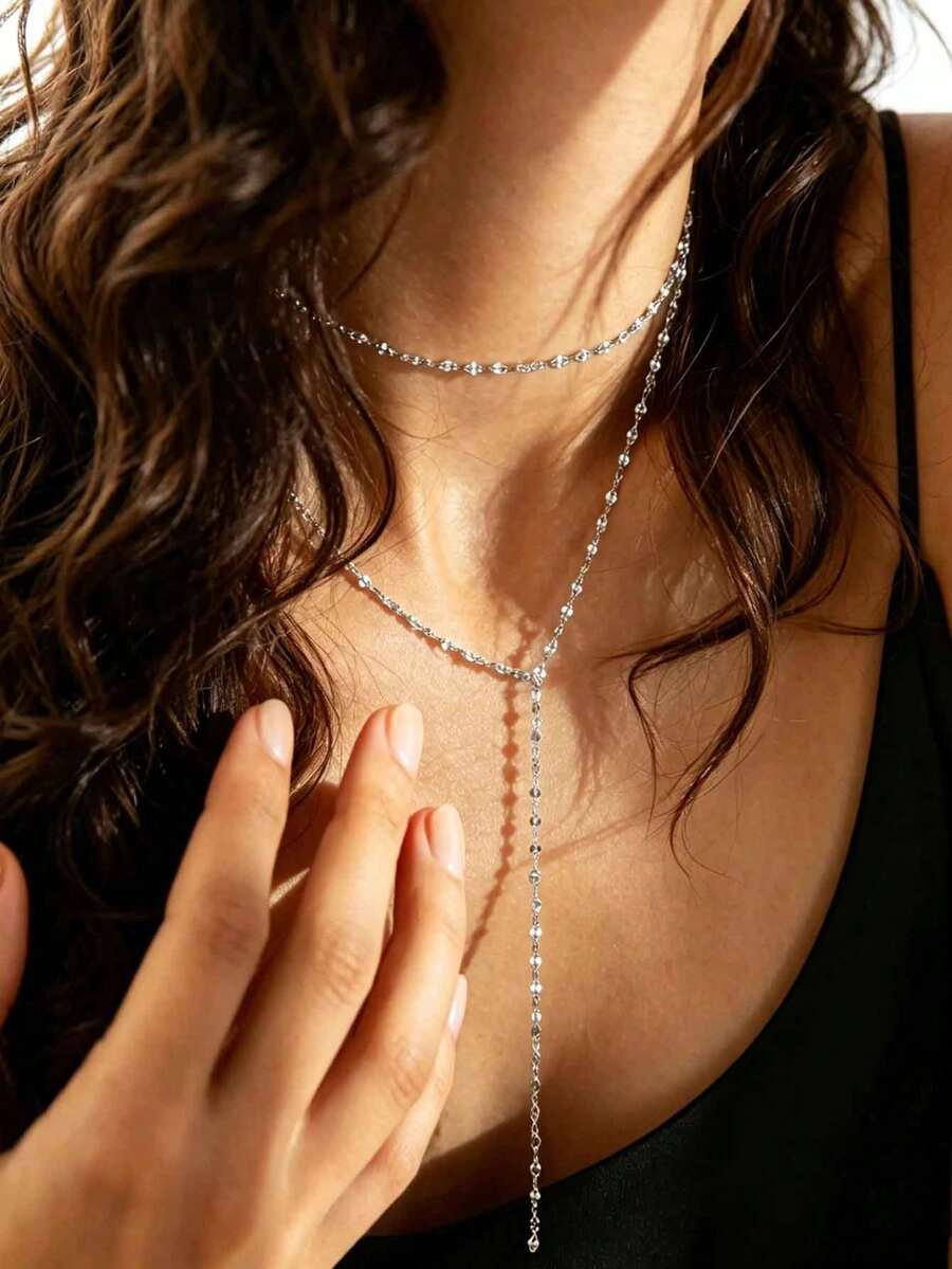 SHEIN قلادة طويلة من ستانلس ستيل بطبقتين أنيقة