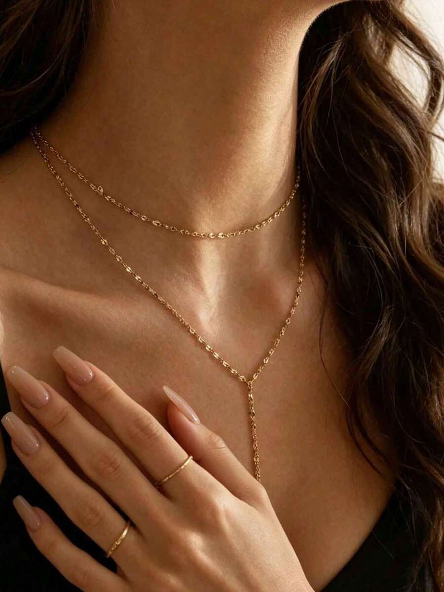 SHEIN قلادة طويلة من ستانلس ستيل بطبقتين أنيقة