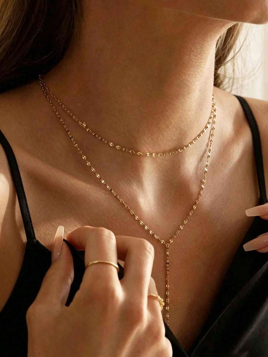 SHEIN قلادة طويلة من ستانلس ستيل بطبقتين أنيقة