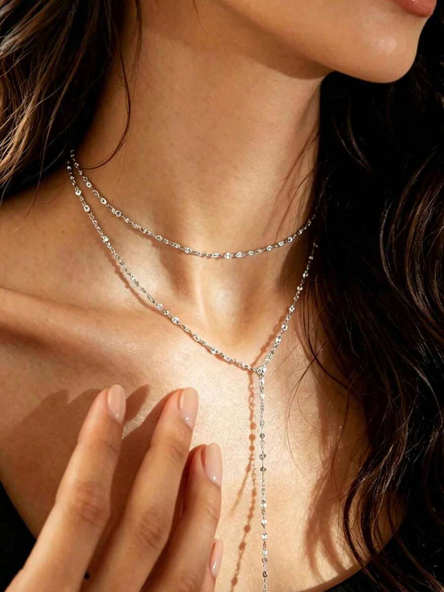 SHEIN قلادة طويلة من ستانلس ستيل بطبقتين أنيقة