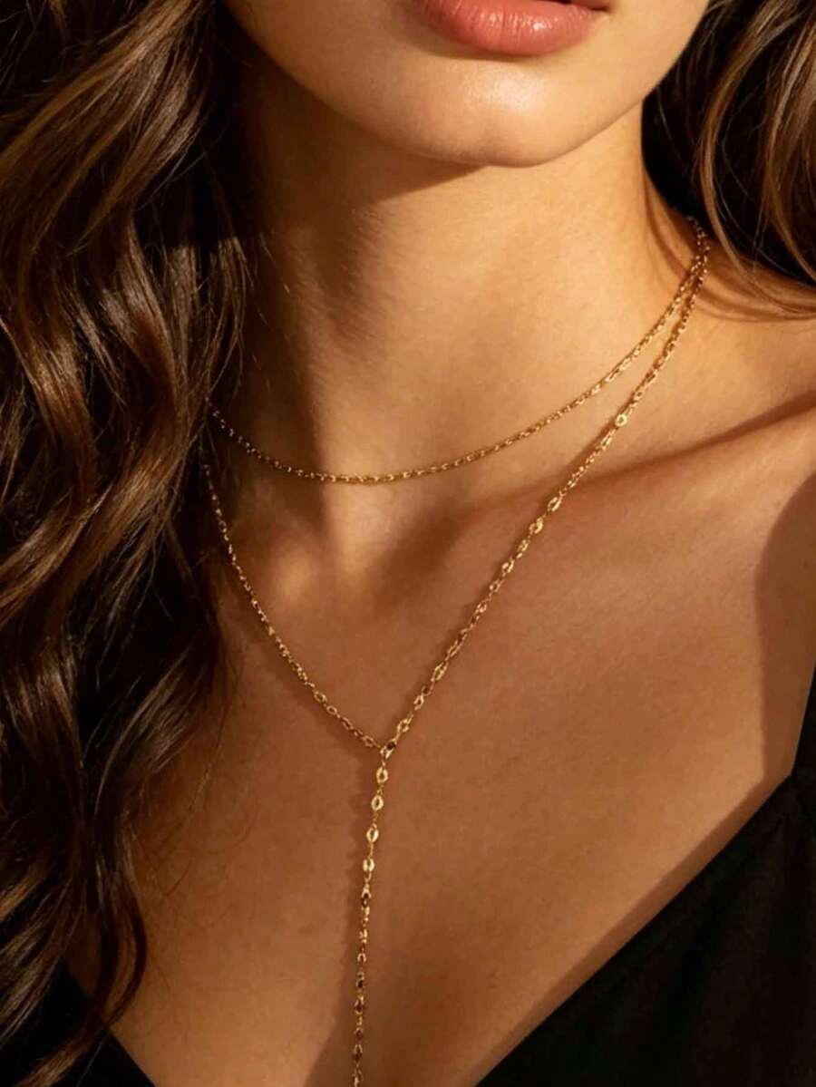 SHEIN قلادة طويلة من ستانلس ستيل بطبقتين أنيقة