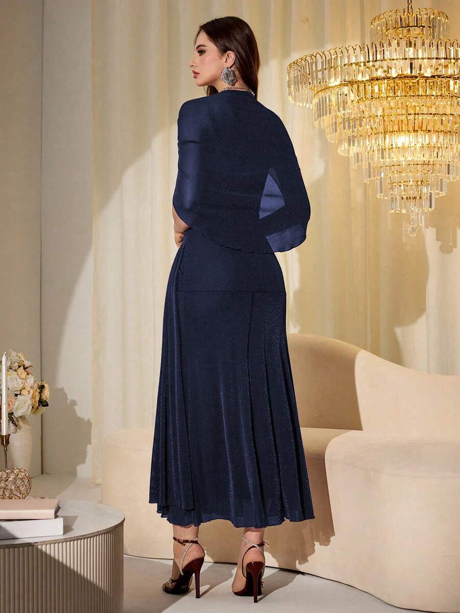 SHEIN Modelyn فستان طويل بأكمام شبكية لامعة بلون أزرق بحري